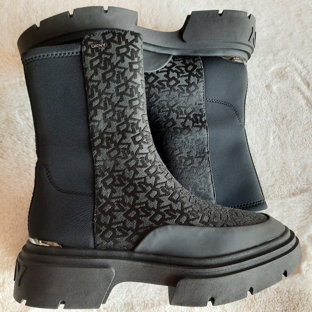 DKNY Black Monogram Platform Chelsea Boots